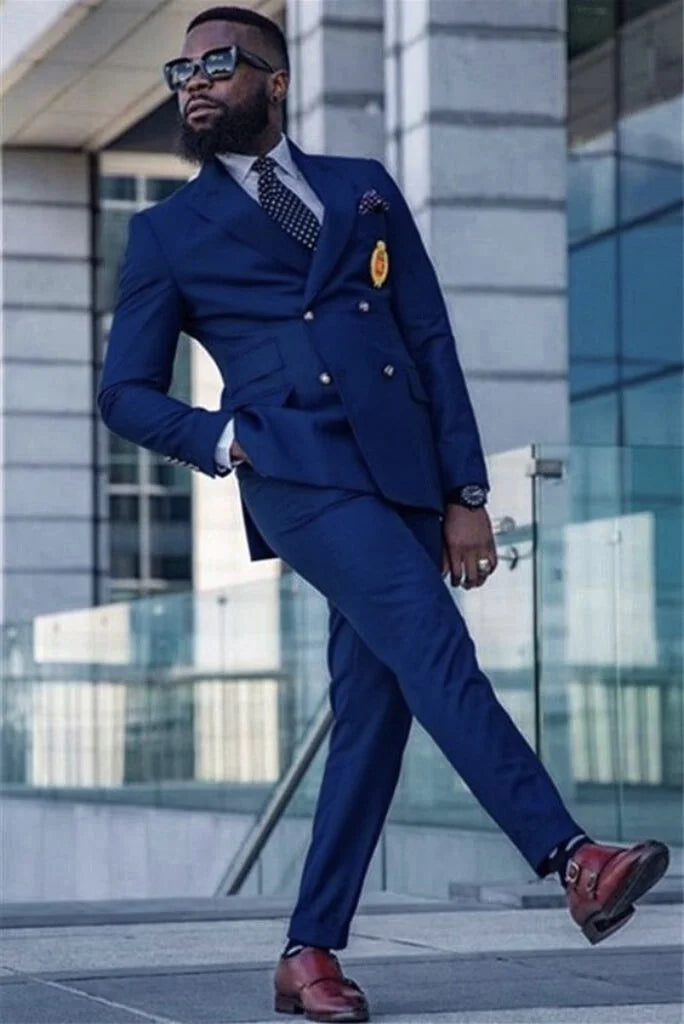 Men royal blue two piece double breasted suit-front