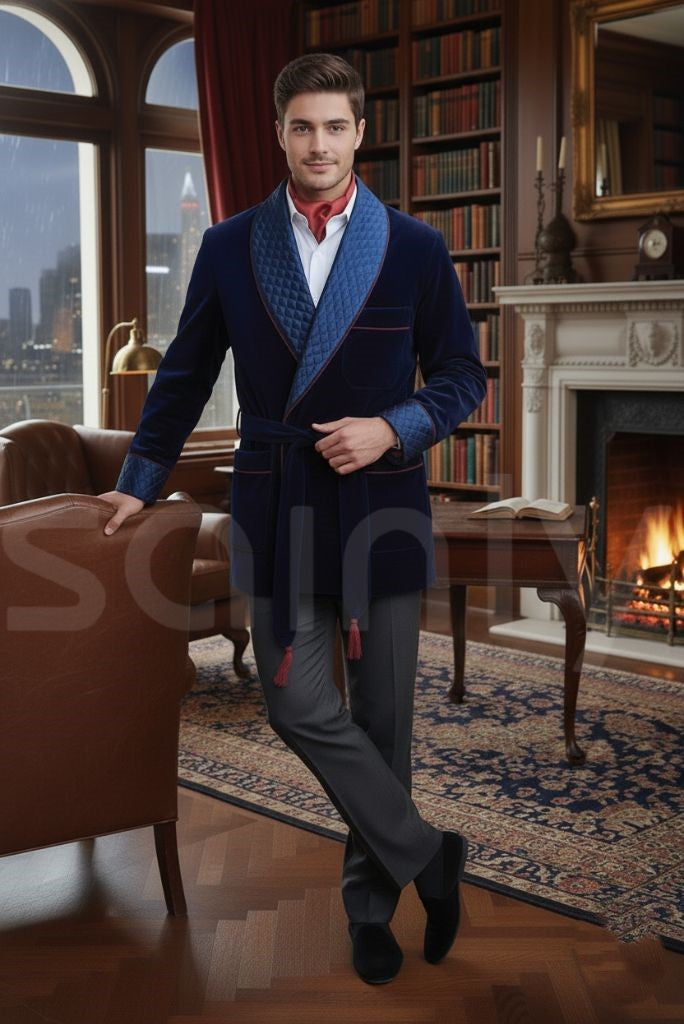 Royal blue velvet smoking jacket for men