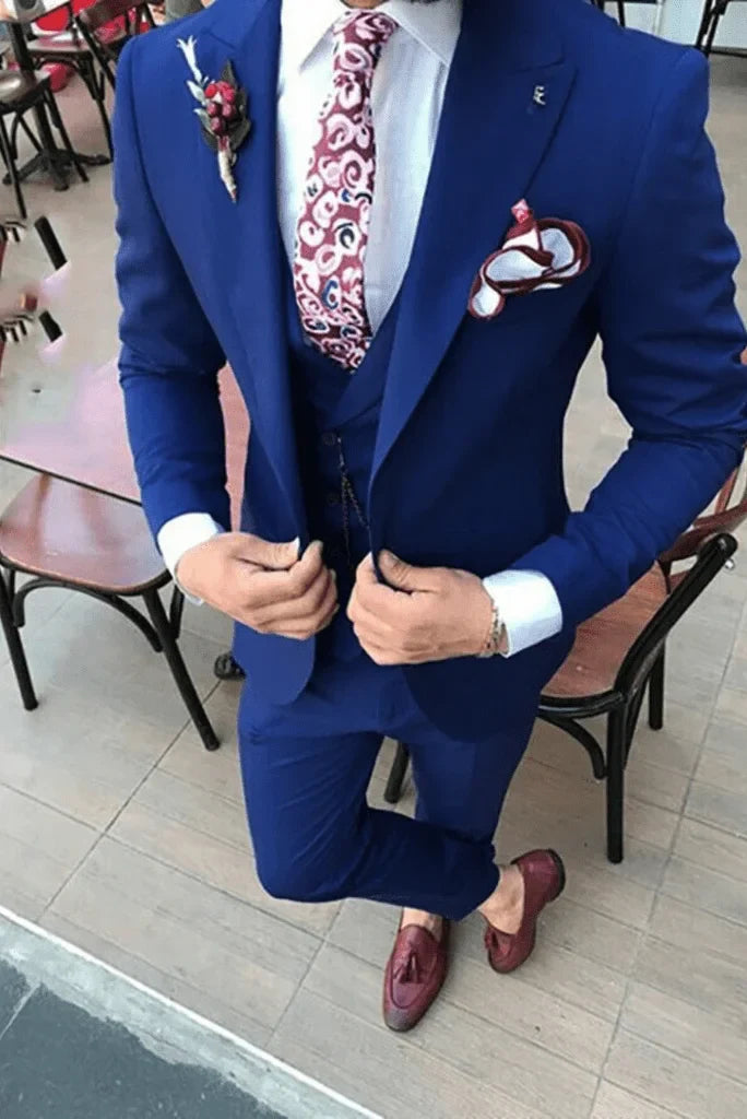 men royal blue groom wear wedding suit-Front