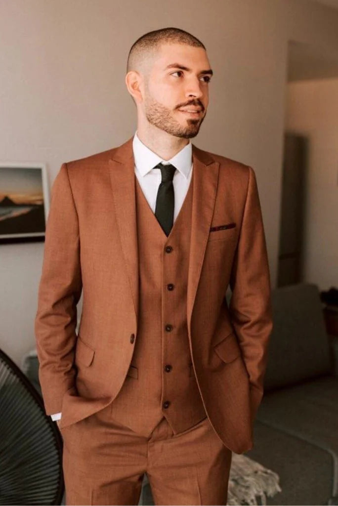 Men rust three piece formal suit-front