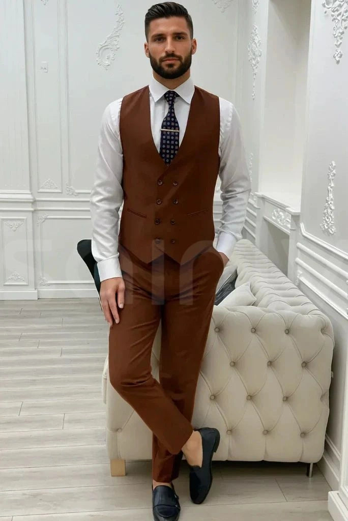 Men brown waistcoat and pant suit for events-front