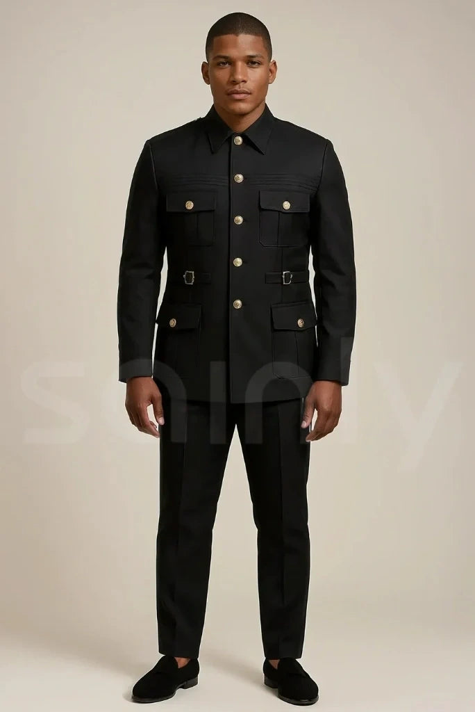 Stylish men black safari suit with classic design-front