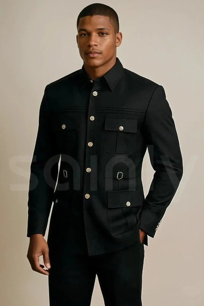 Elegant black safari suit for men party and evening wear-side