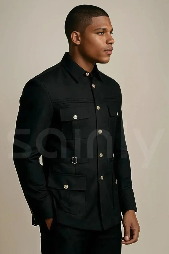 Men black safari suit perfect for business and festive wear
