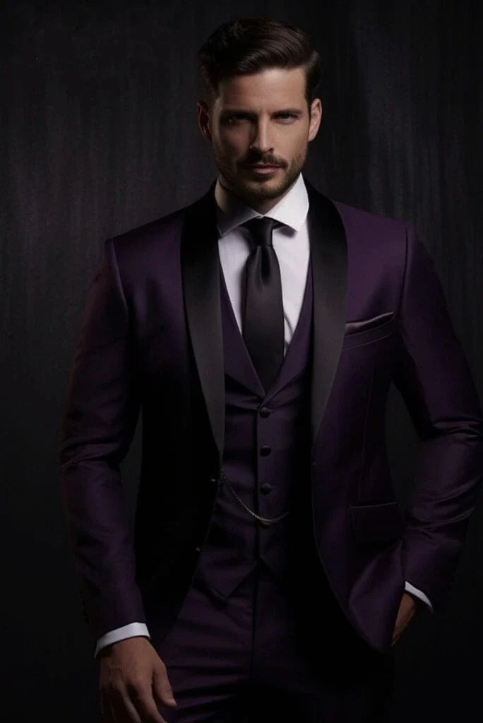 Men dark purple wedding suit-front