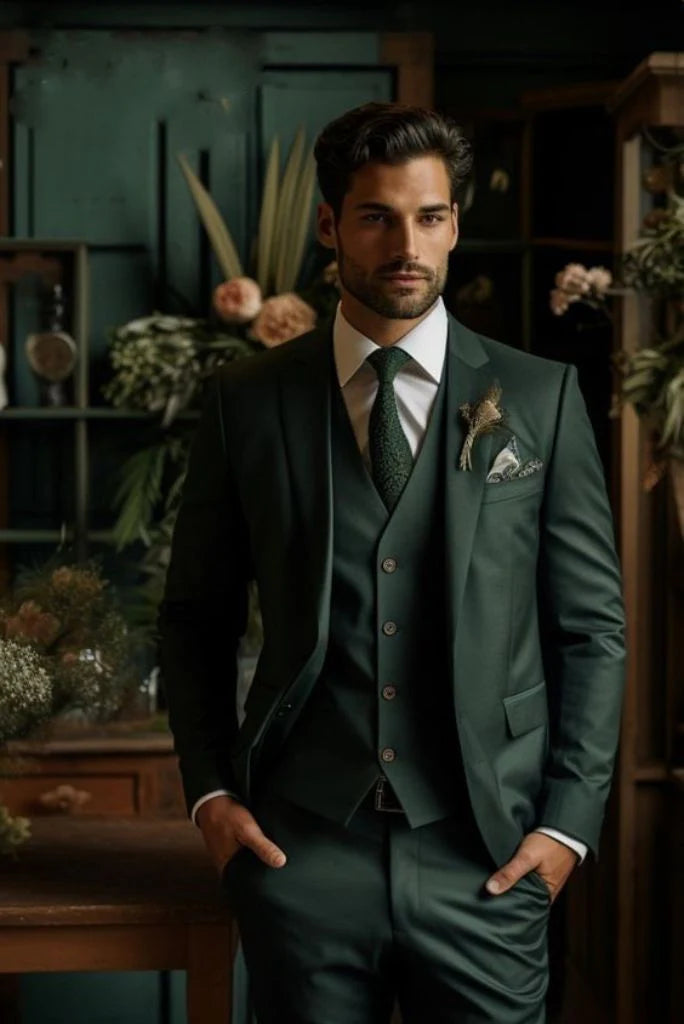 Men hunter green three piece suit-front
