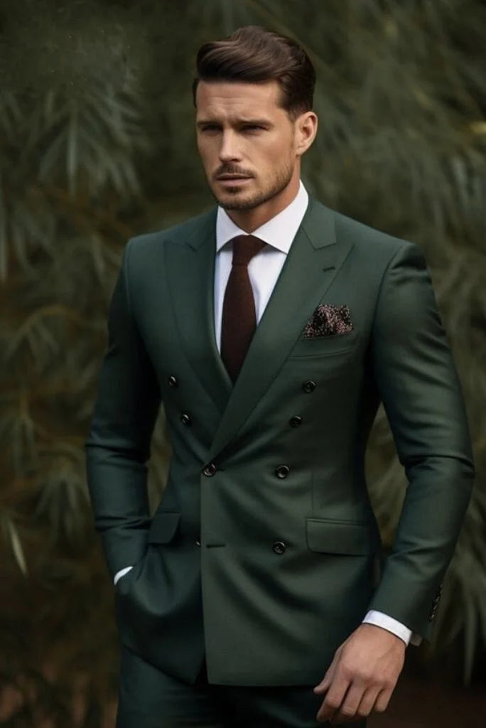 Men Hunter Green Double-Breasted Suit-Front