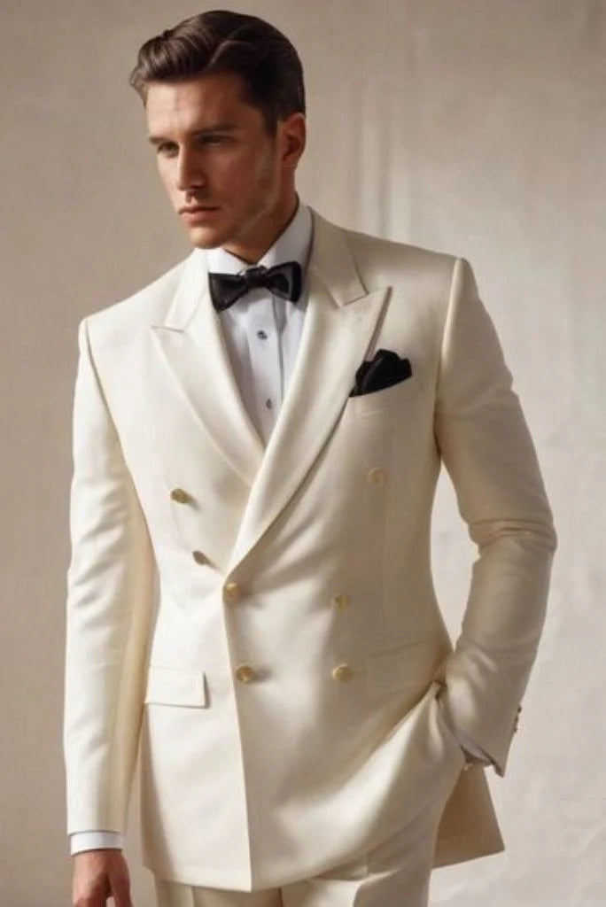 Men off white two piece double breasted suit-front