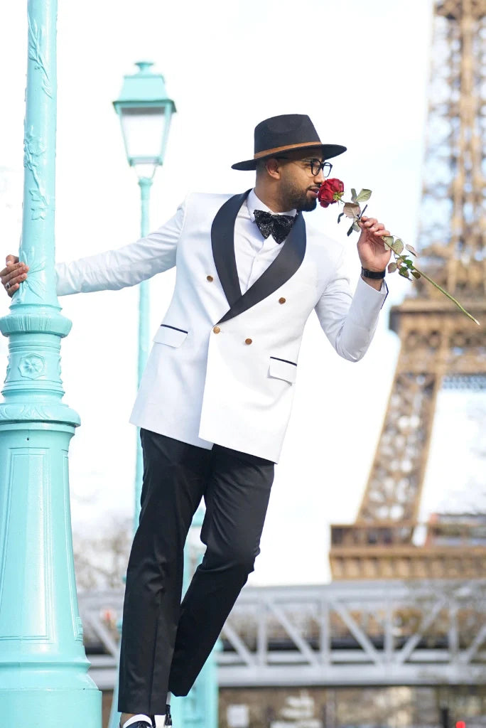 Men's White Double Breasted Tuxedo Two Piece Suit For Wedding Engagement Groom Prom Dinner Party Wear