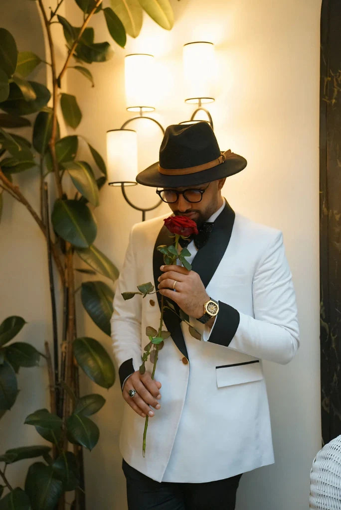 Men's White Double Breasted Tuxedo Two Piece Suit For Wedding Engagement Groom Prom Dinner Party Wear