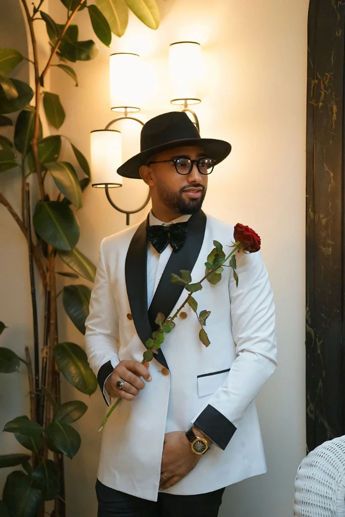 Men's White Double Breasted Tuxedo Two Piece Suit For Wedding Engagement Groom Prom Dinner Party Wear