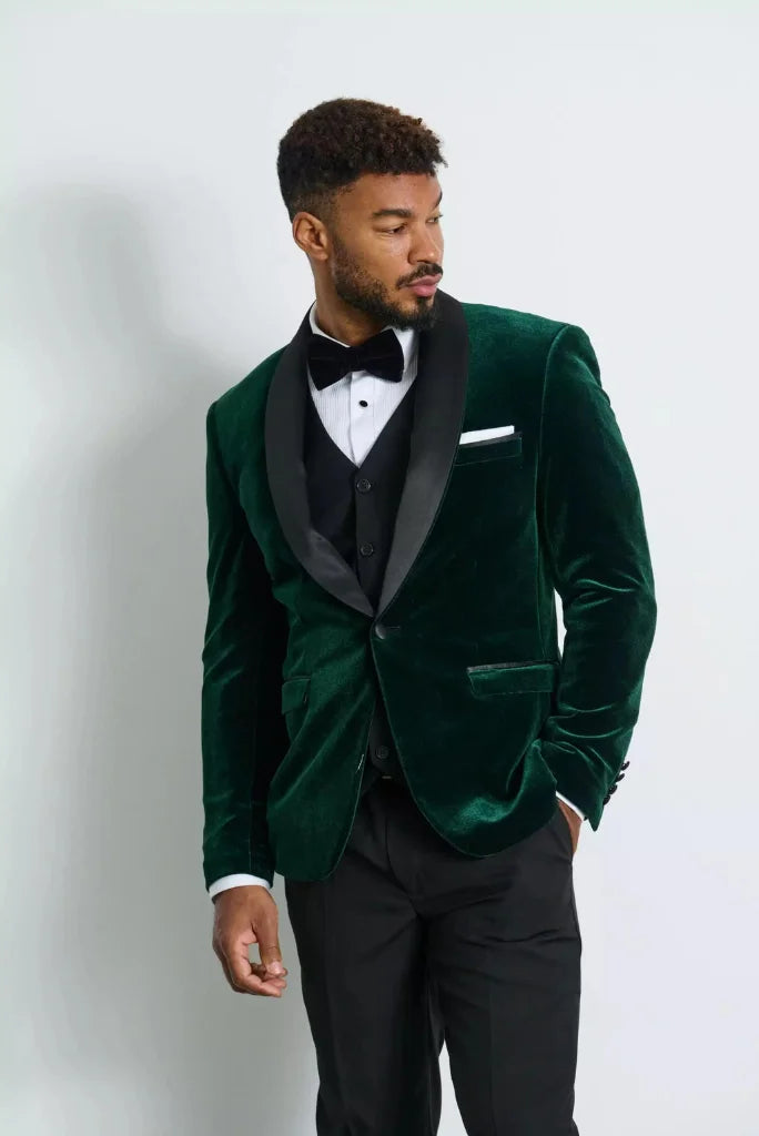 Men green and black velvet suit for events-front