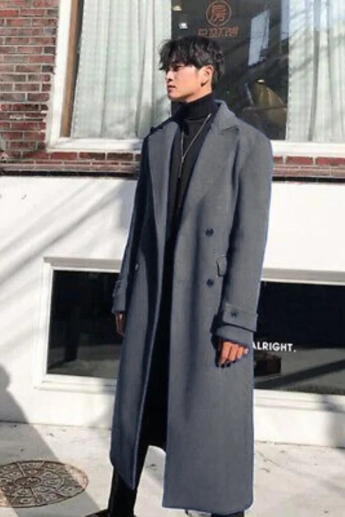 Men Grey Long Trench Coat | Double-Breasted Winter Overcoat | Sainly
