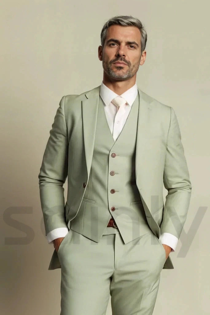Men sage green three piece suit-front