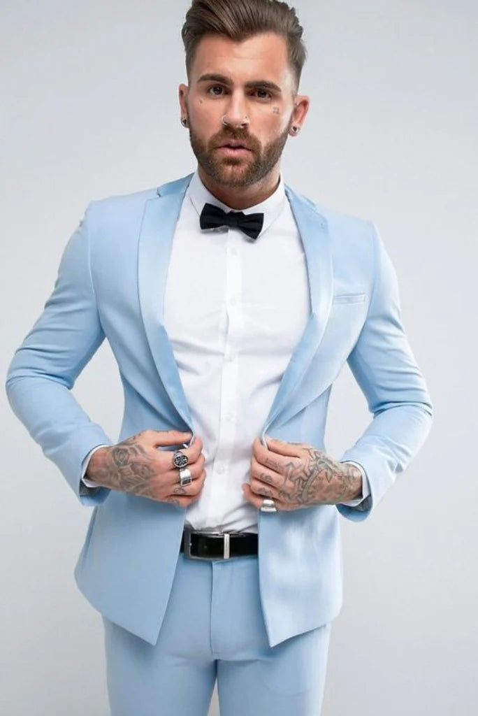 Men sky blue two piece formal suit-front