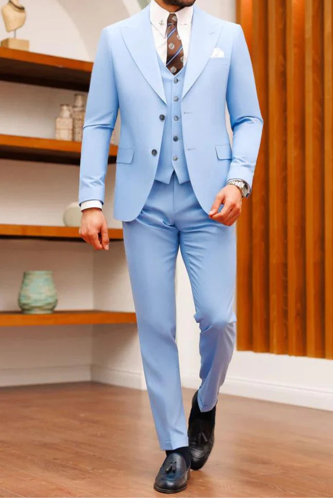 Men sky blue formal three piece-front