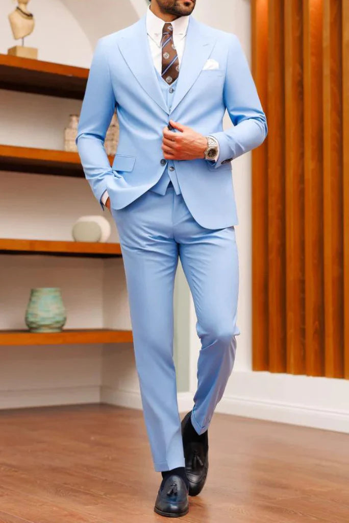 Sky blue three piece suit for men