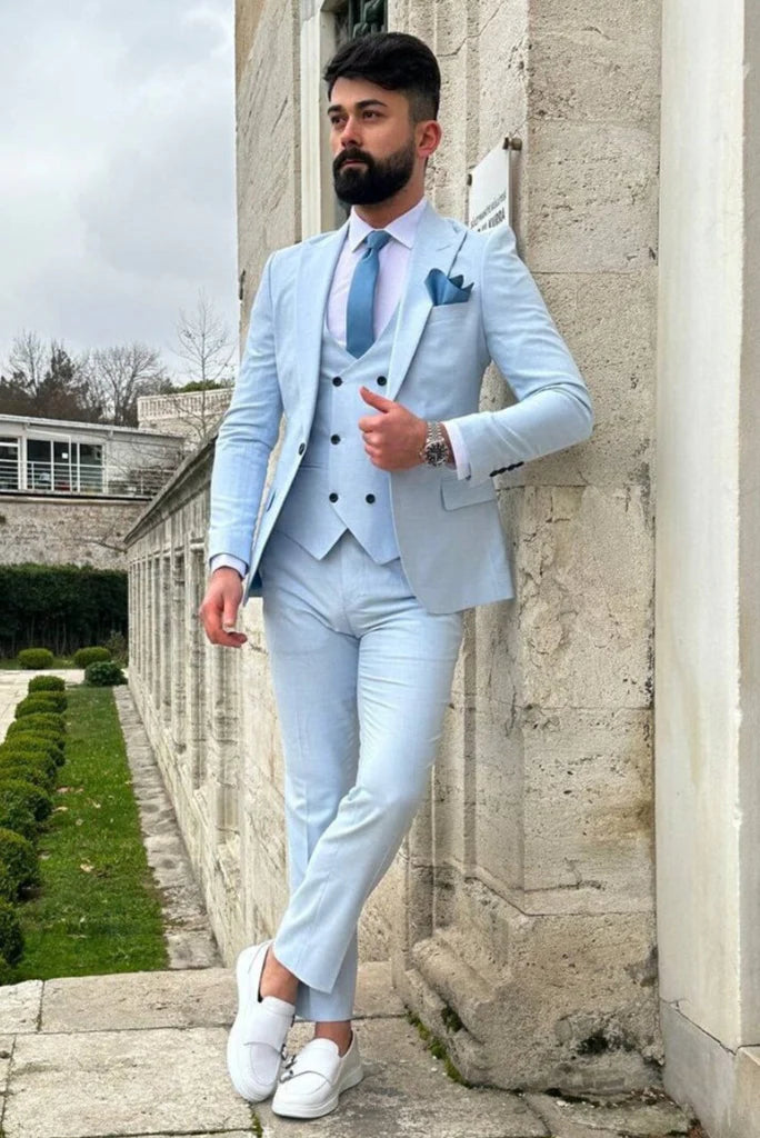 Men sky blue three piece formal-front