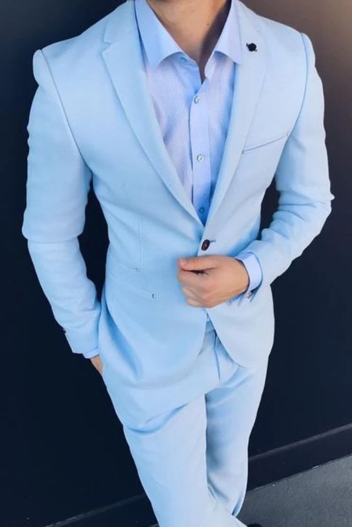 Men sky blue two piece casual wear suit-front