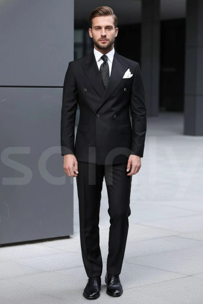 Men black two piece partywear suit with double breasted blazer-Front