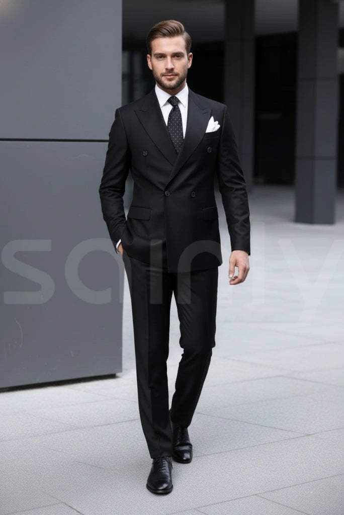 Classic men black double breasted suit for celebration events