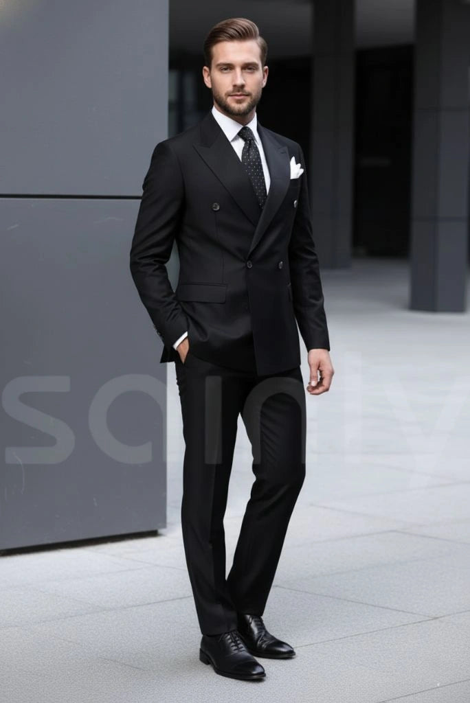 Men black slim fit double breasted party suit look-side
