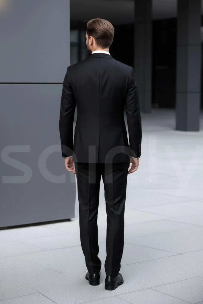 Elegant men black double breasted formal party suit-back