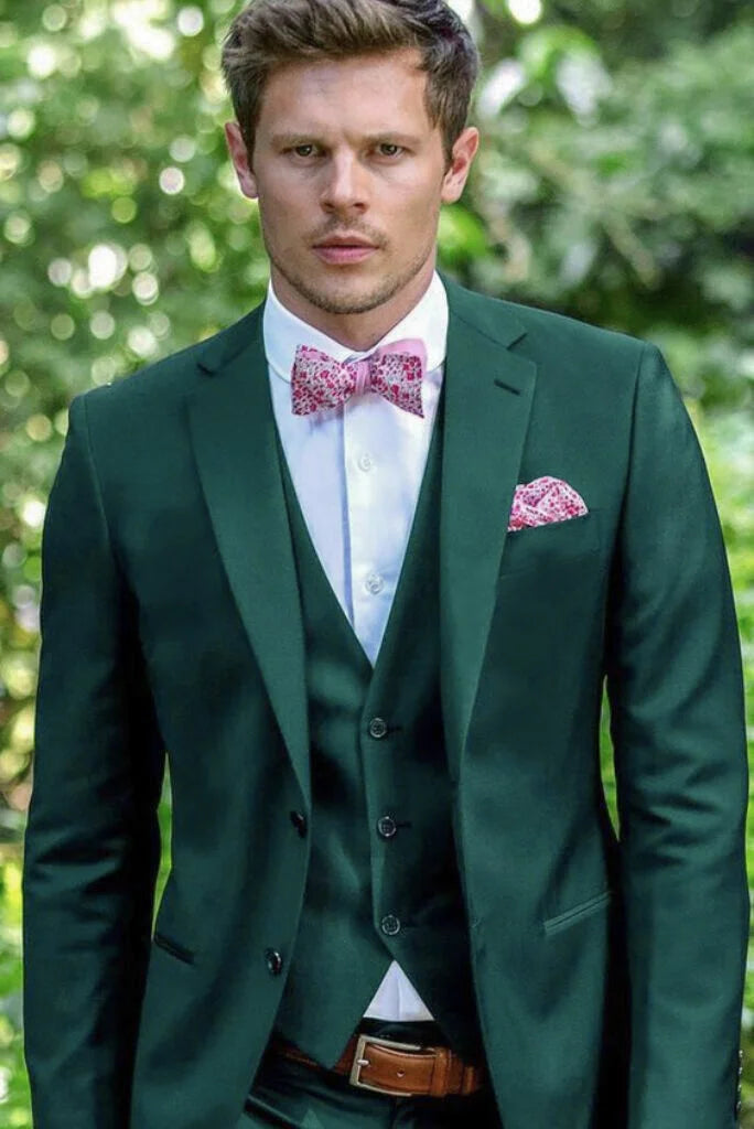 Men green three piece formal suit-front