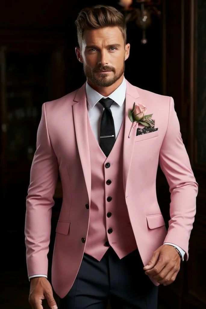 Men three piece pink suit wedding wear-front
