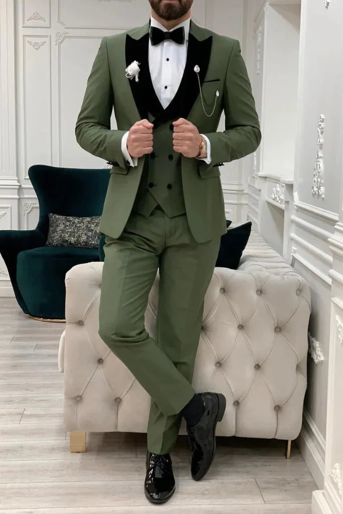 Men green three piece wedding suit-front