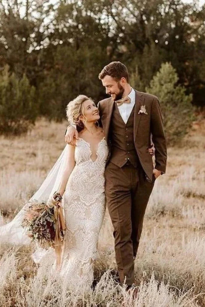 Tweed brown three piece suit for men-front