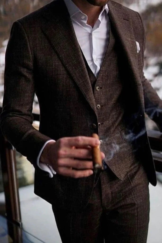 Men tweed brown three piece suit-front