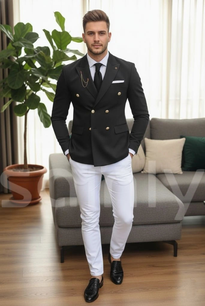 Elegant men black formal double breasted two piece suit