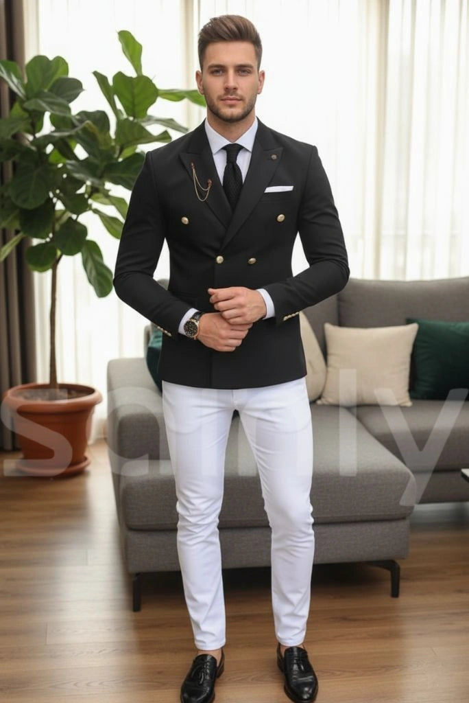 Classic men black double breasted suit with blazer and trousers-front