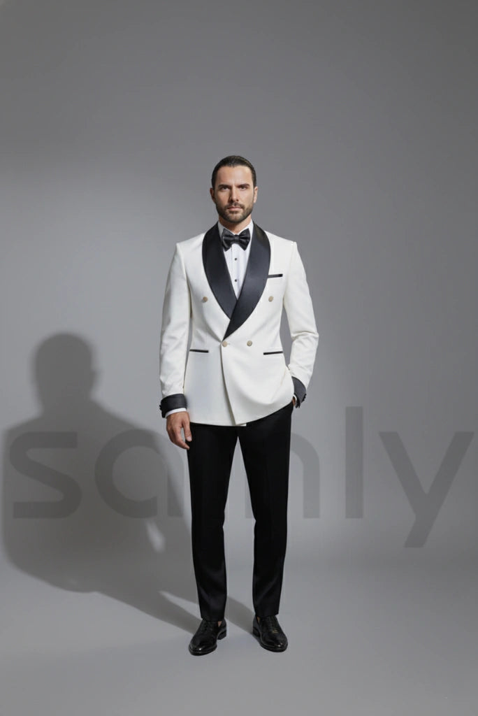 White and black two piece tuxedo suit for men-full front