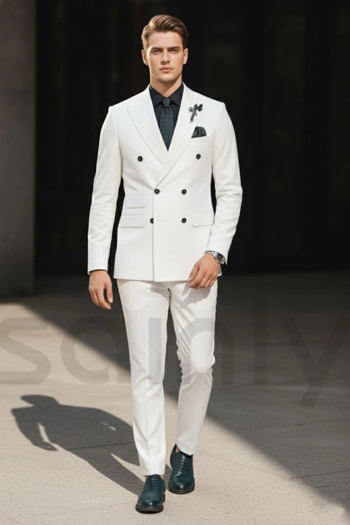 Elegant men white double breasted formal suit-front