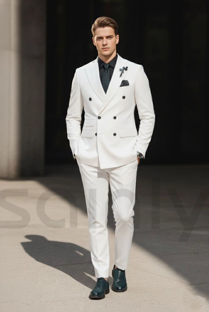 Stylish men white double breasted blazer and trouser set