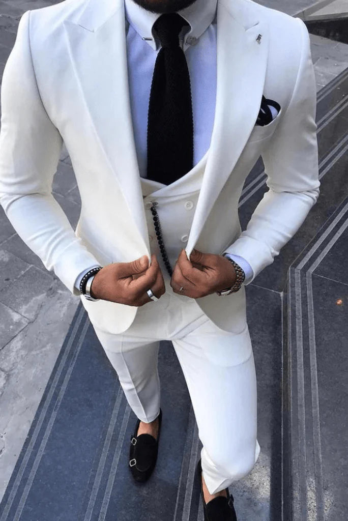 Men white three piece event wear-front