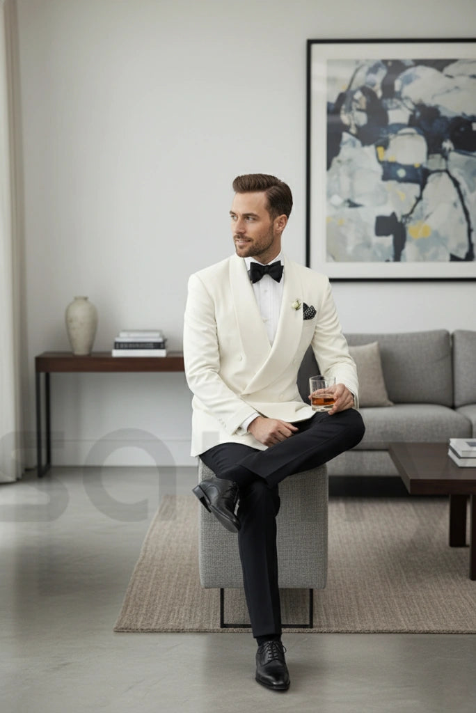 Classic men white blazer with black trousers tuxedo set