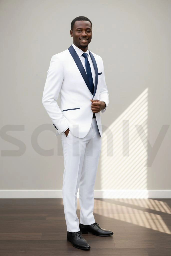 Men white formal tuxedo suit with black accents-side