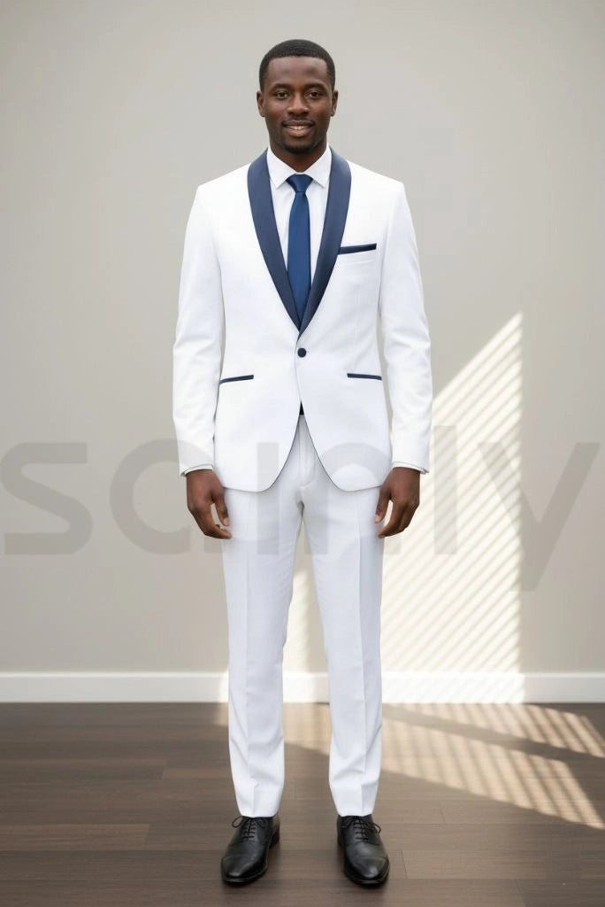 Elegant men white tuxedo suit for wedding and reception-front