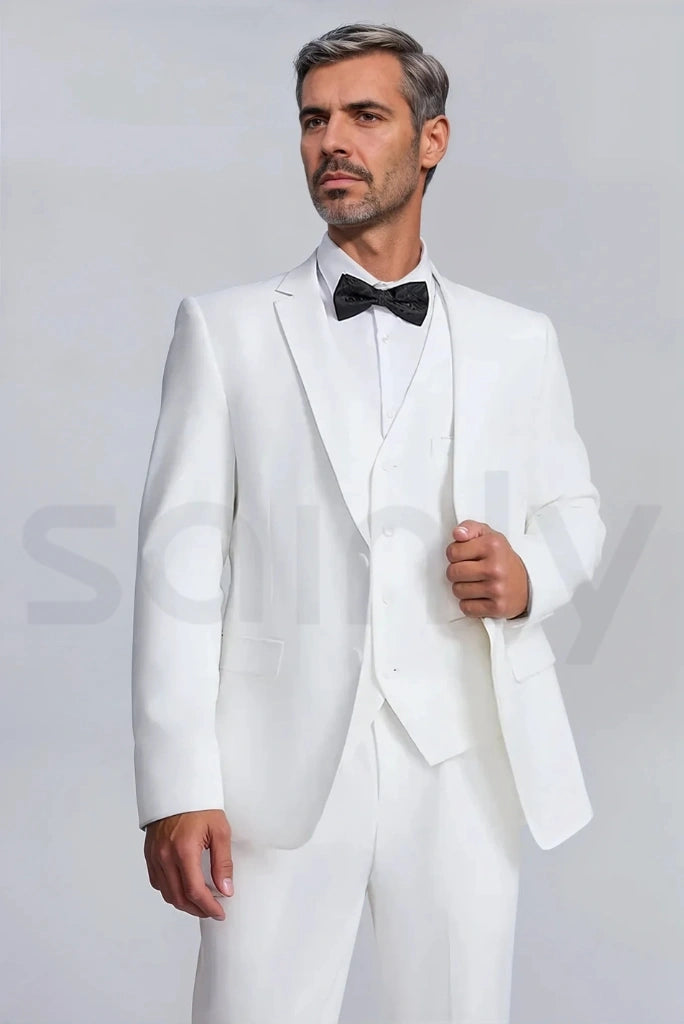 Stylish men’s white party wear three piece suit-side