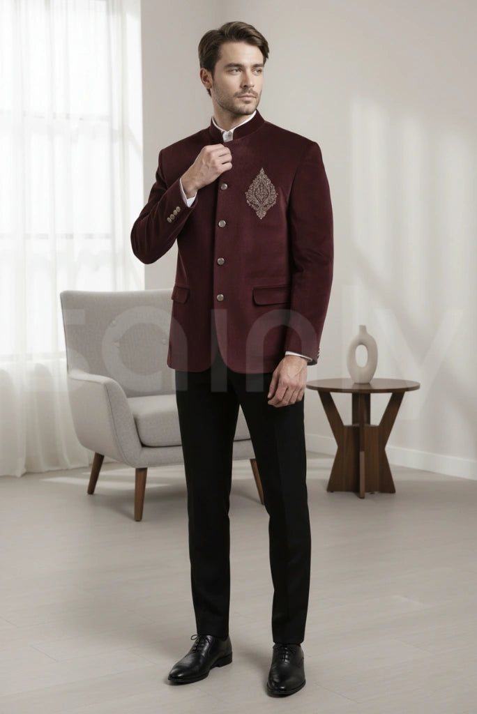 Men velvet Jodhpuri wine suit-front