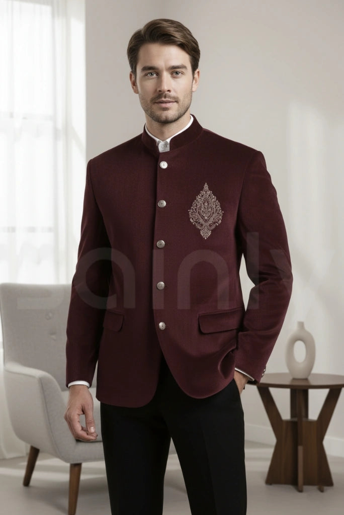 Elegant men wine color velvet Jodhpuri suit for wedding wear-front