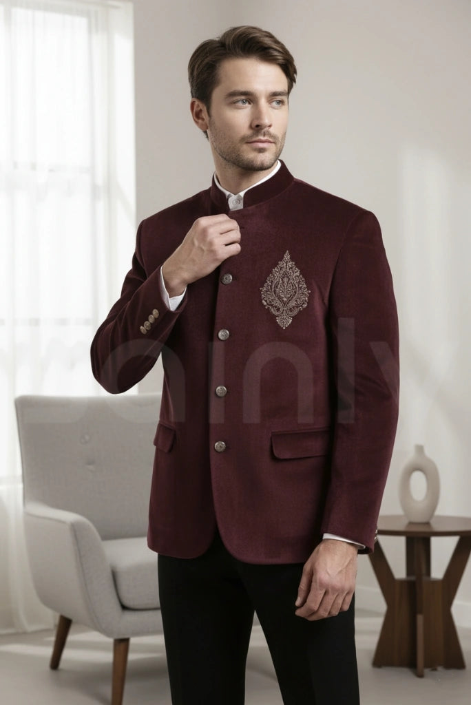 Men velvet wine Jodhpuri suit with royal look-side
