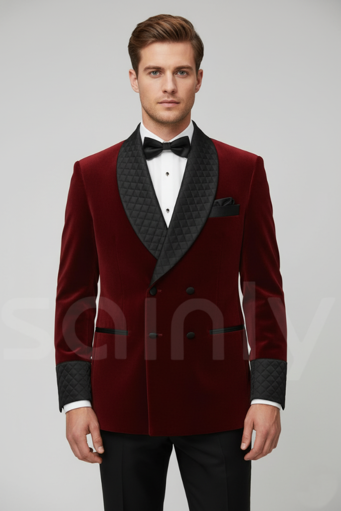 Men wine velvet smoking jacket-front