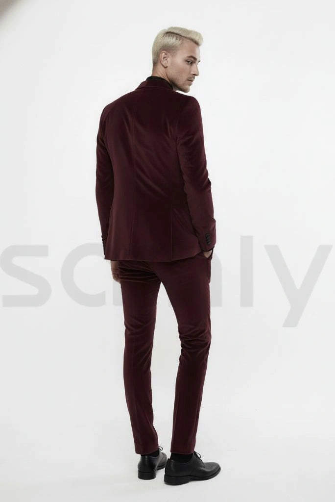 Men wine velvet suit ideal for reception and celebrations-back