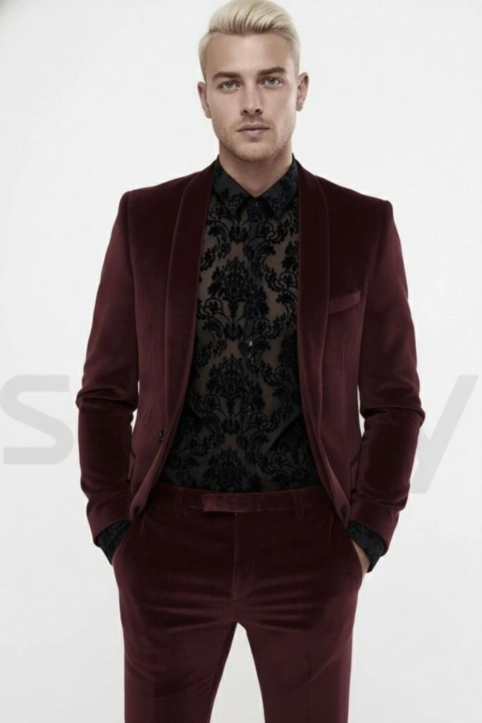 Elegant men wine velvet two piece suit-front