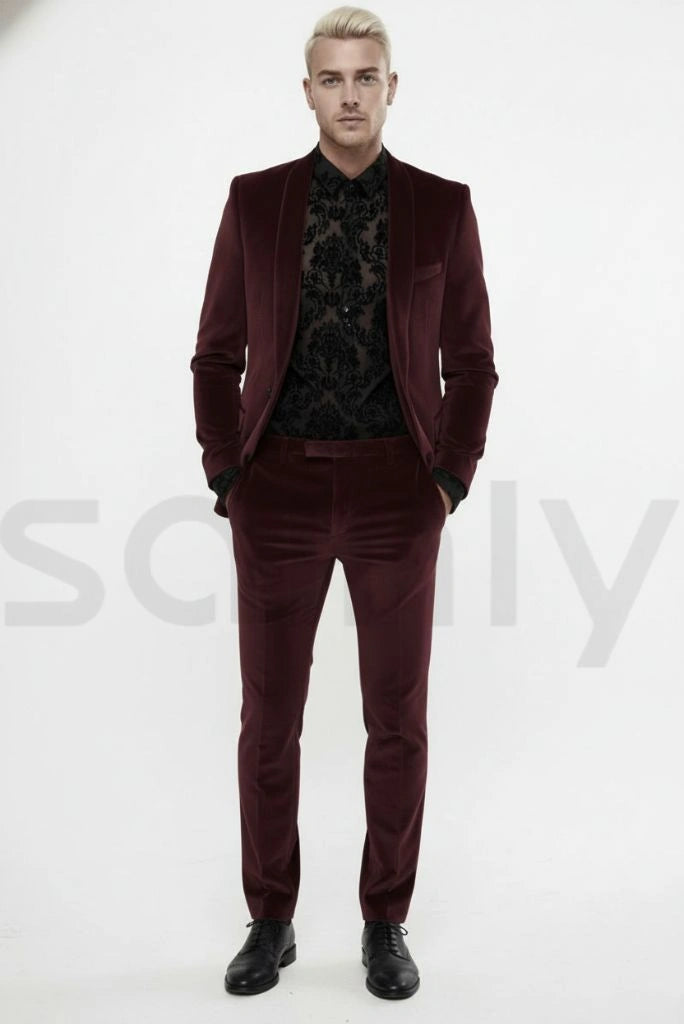 Men wine velvet suit for wedding and party wear-Full front