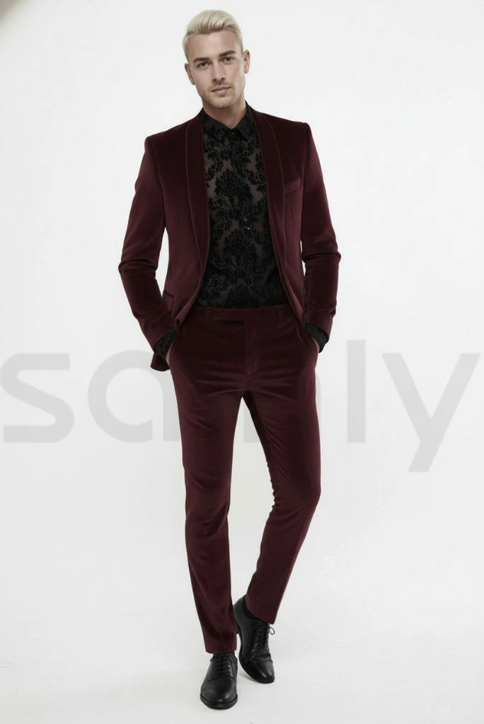 Stylish men wine velvet blazer and trousers set